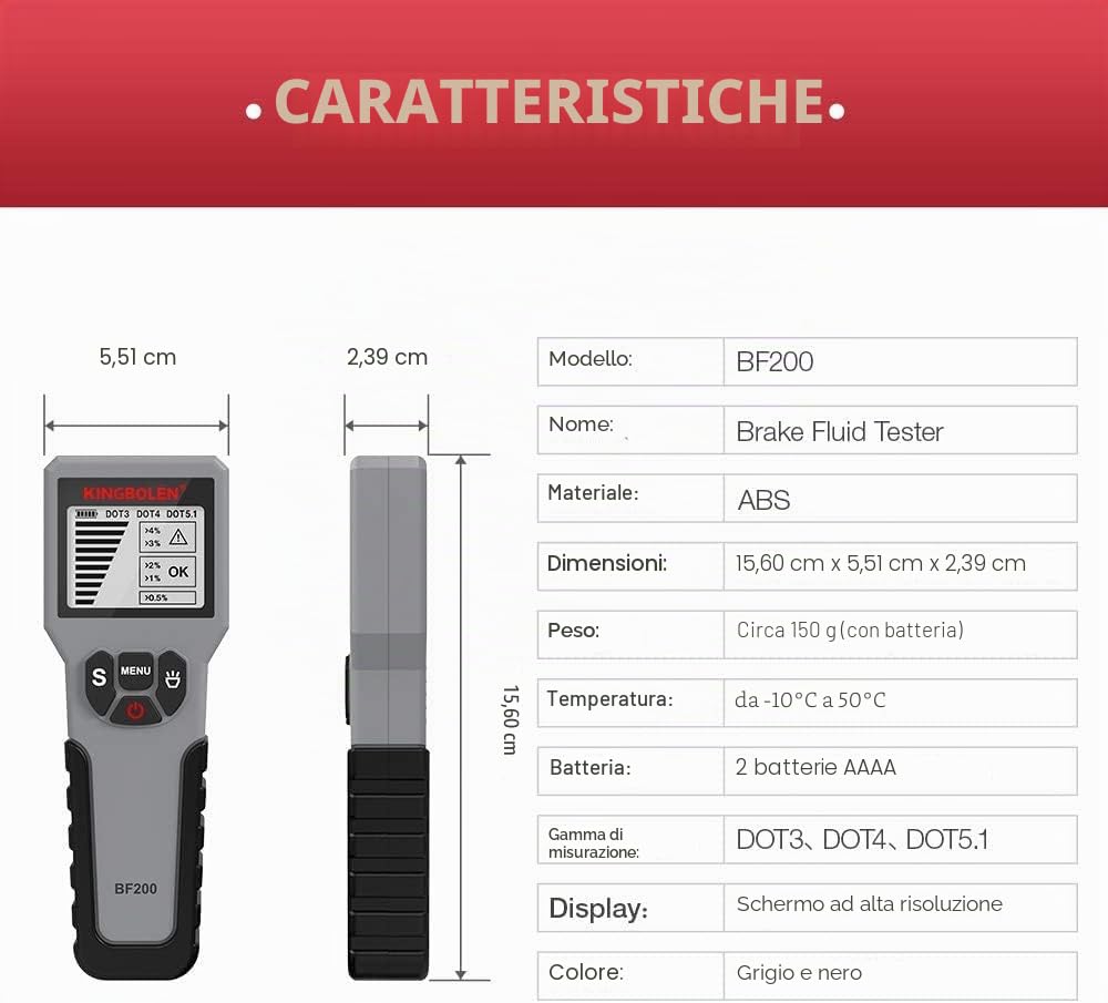 KINGBOLEN Tester del Liquido dei Freni, BF200 rilevatore di ispezione dello Strumento diagnostico del Tester Olio Freni per DOT3 DOT4 DOT5.1