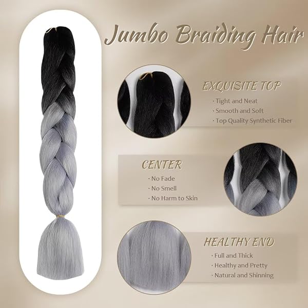 ShowJarlly Jumbo Kunsthaar, Ombre Braid-Extension, 24 Zoll Flechten-Haarverlängerungen (5 Stücke) für Crochet-Twist, Box-Braid & Zöpfe – Farbe: Schwarzes Silber - 3