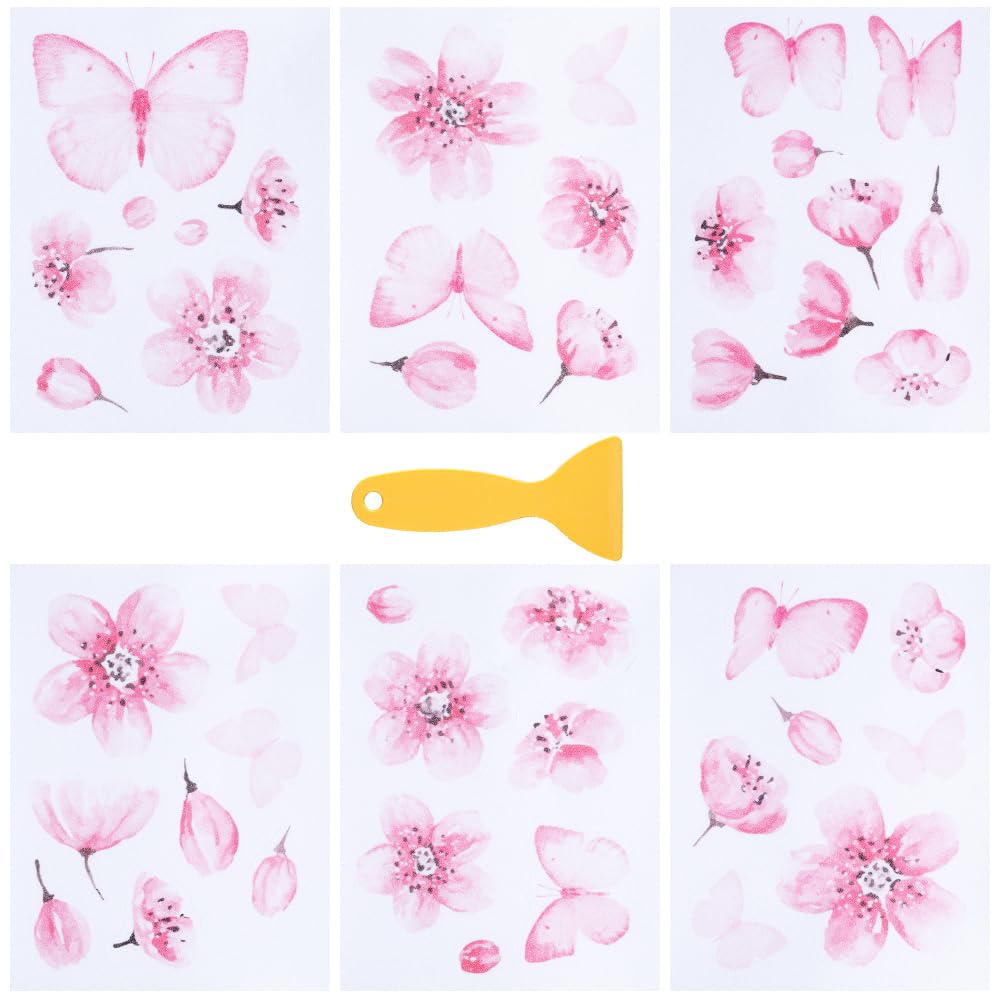 SOFPLATE 6 Sheets Bathtub Stickers Non Slip Butterfly Shower Stickers with Premium Scraper PVC Plastic Pink Flower Safety Adhesive Decals Appliques Floor Grips for Bathroom Bath Tub Pools Stairs Adult