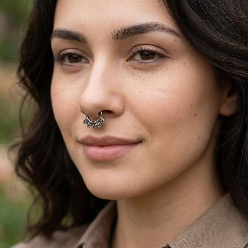 Tribal Celestial Filigree Design Stainless Steel Hoop Clip on Fake Septum Nose Rings Non Piercing Lip Ear Ring Faux Body Piercing Jewelry