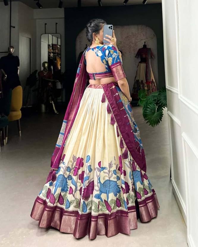 Image of Floral Printed Lehenga Choli with Pleated Skirt & Gotta Border Dupatta