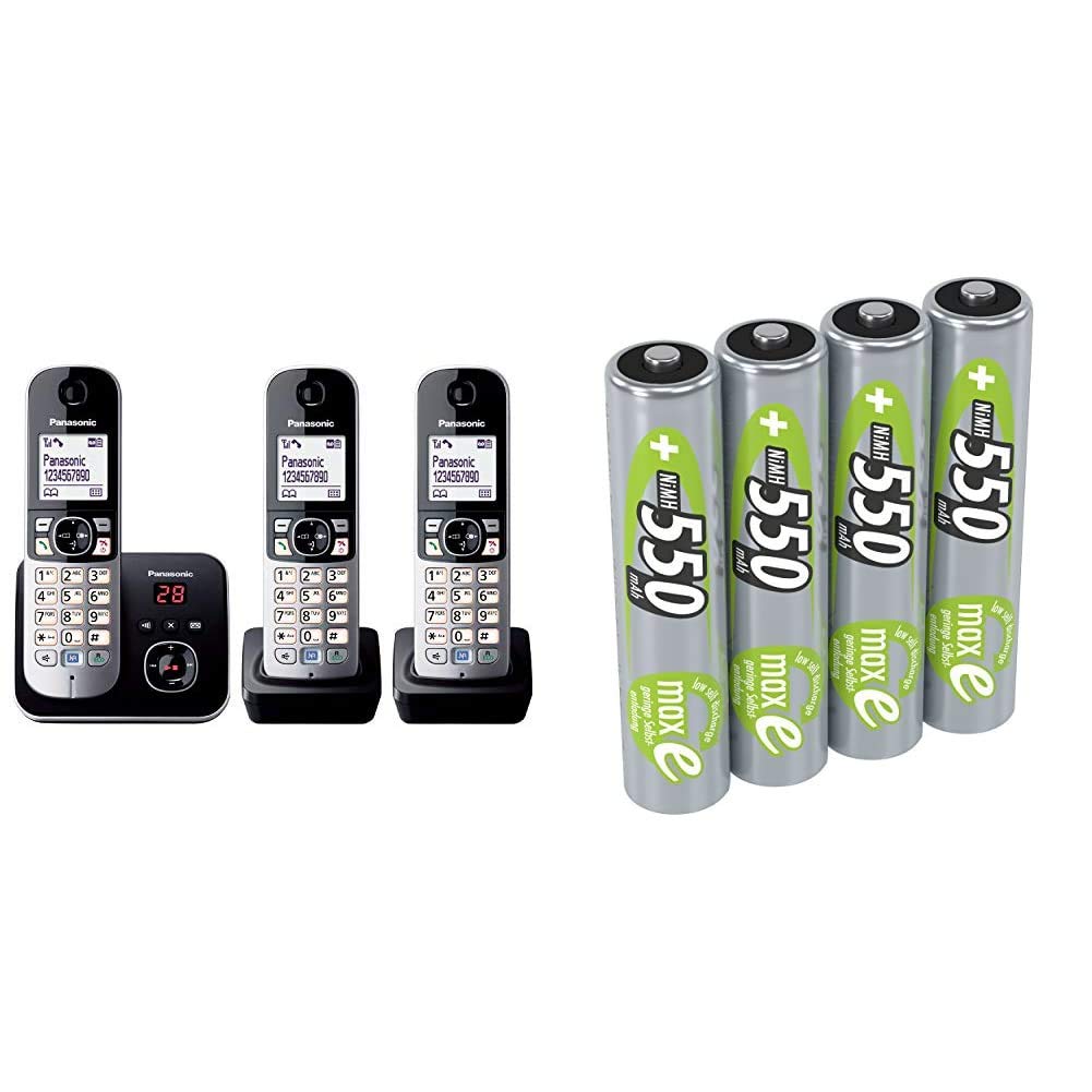 Panasonic KX-TG6823GB DECT Schnurlostelefon mit Anrufbeantworter (3 Mobilteile) schwarz & ANSMANN Akku AAA 550 mAh NiMH 1,2 V (4 Stück) - Micro AAA Batterien wiederaufladbar