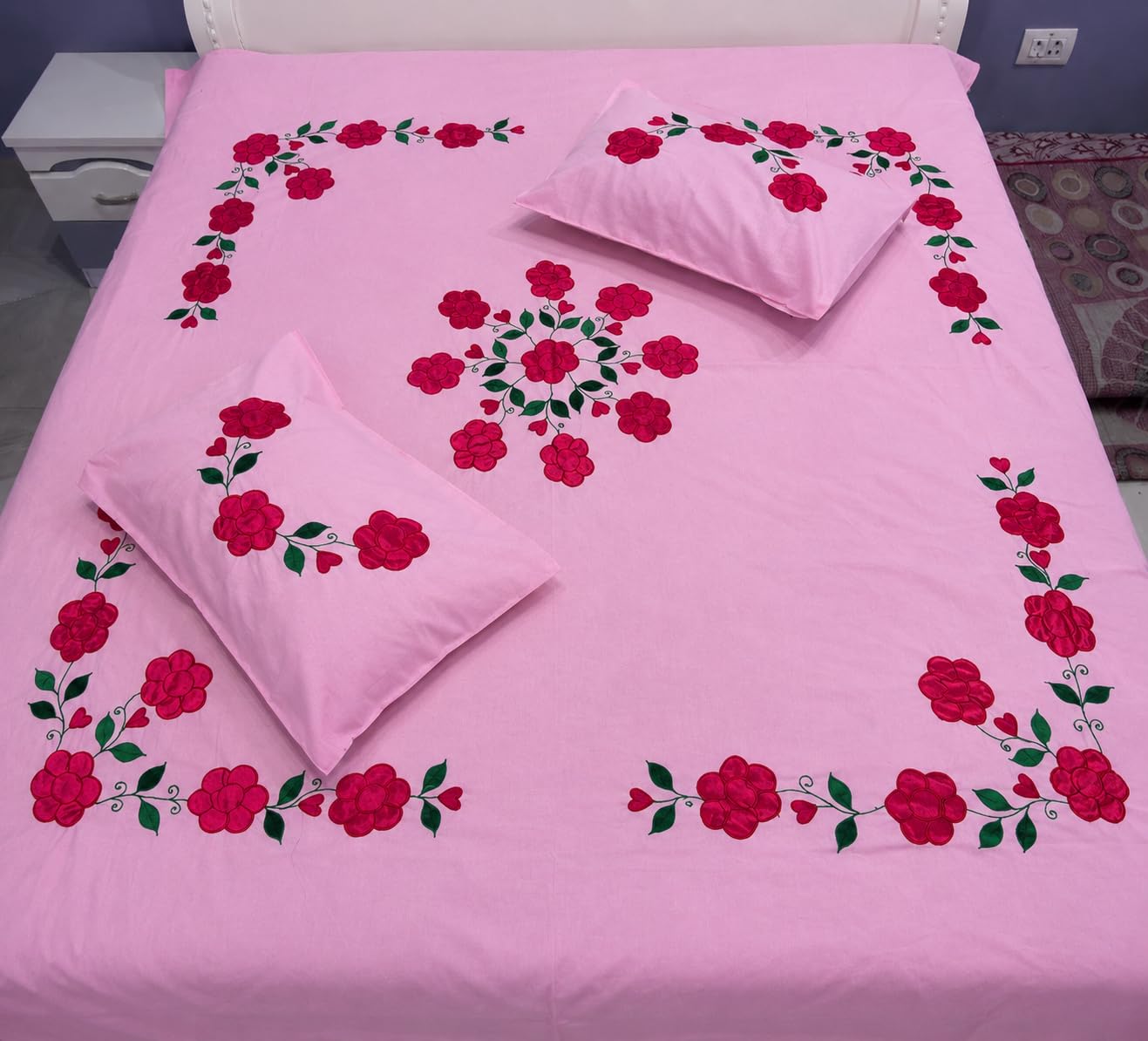 Rida Creation Floral Embroidered Double Bedsheet with 2 Pillow Covers | Handmade Rose Flower Applique Work Bed Sheet | Premium Cotton Blend Pink Bedding Set | King Size Decorative Bedsheet for Bedroom-image-41
