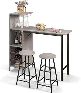 RELAX4LIFE Juego de Mesa Comedor de 3 Piezas, Mesa de Comedor con 2 Taburetes de Bar, 3 Estantes, Soportes para Copas y Portabotellas de 2 Niveles, Mesa Alta Cocina de MDF, 120x40x121,5cm (Gris)