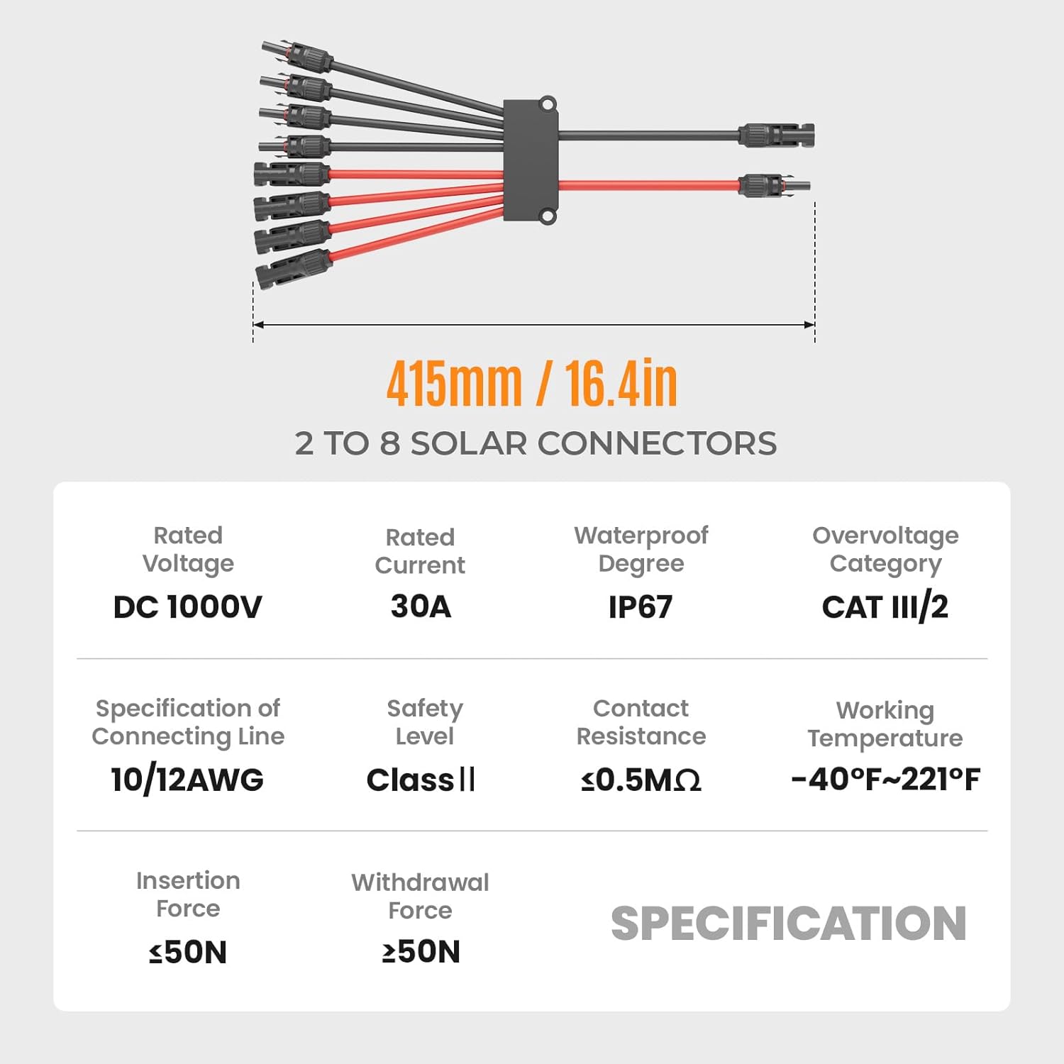 Solar Panel Connector 8 to 2 Solar Y Branch Connectors PV Panels Parallel Connectors Kit Adapter Waterproof Wire Plug Tool for Solar Panel(2 Pcak MF/FFFFMMMM)