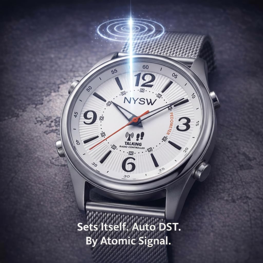 Orologio parlante atomico da uomo con contapassi, contacalorie e miglia | imposta, sempre preciso, ora legata all'ora legale automatica | senza app, senza Bluetooth | per ipovedenti e