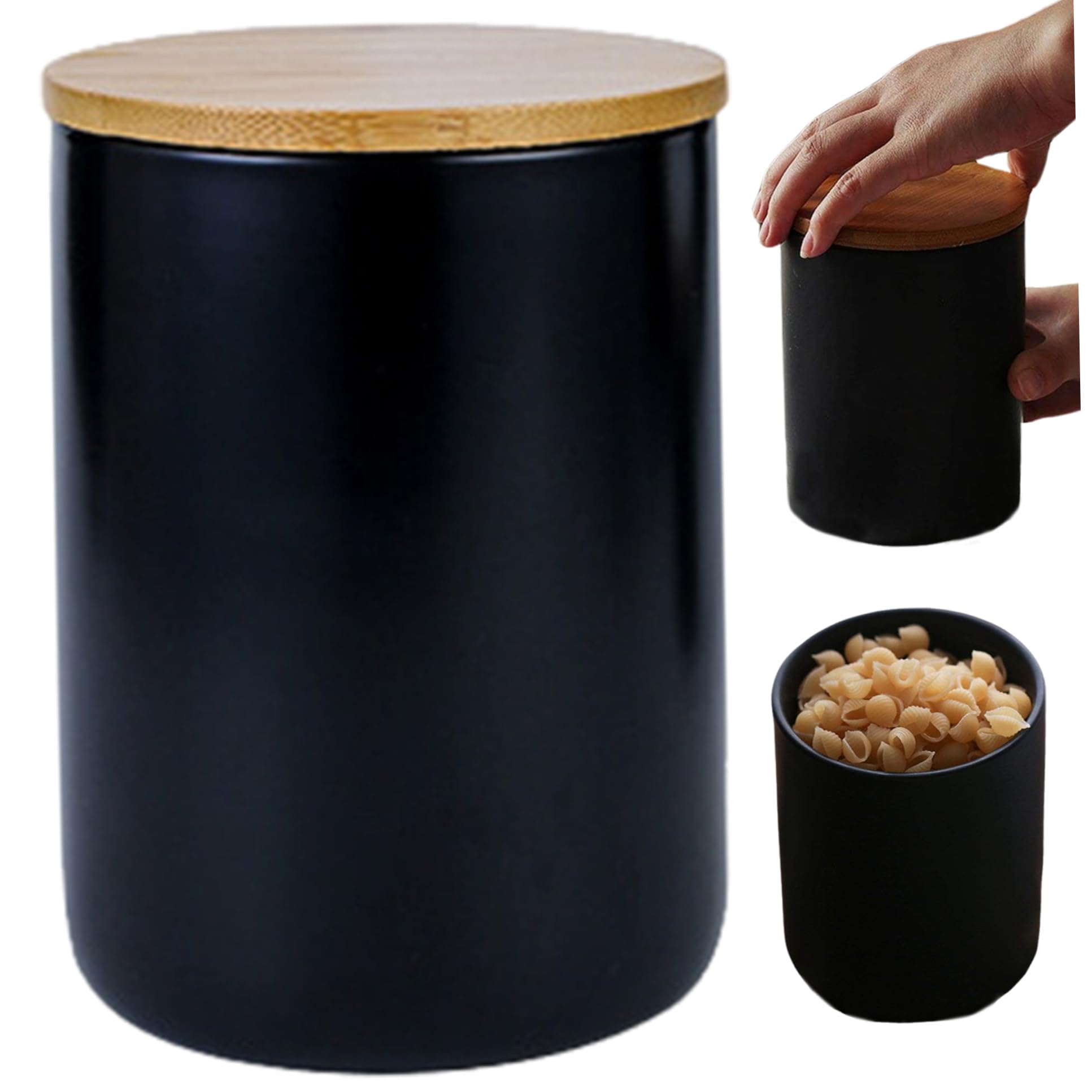 Recipiente de cerámica negro de 800 ml con tapa de bambú hermética para cocina