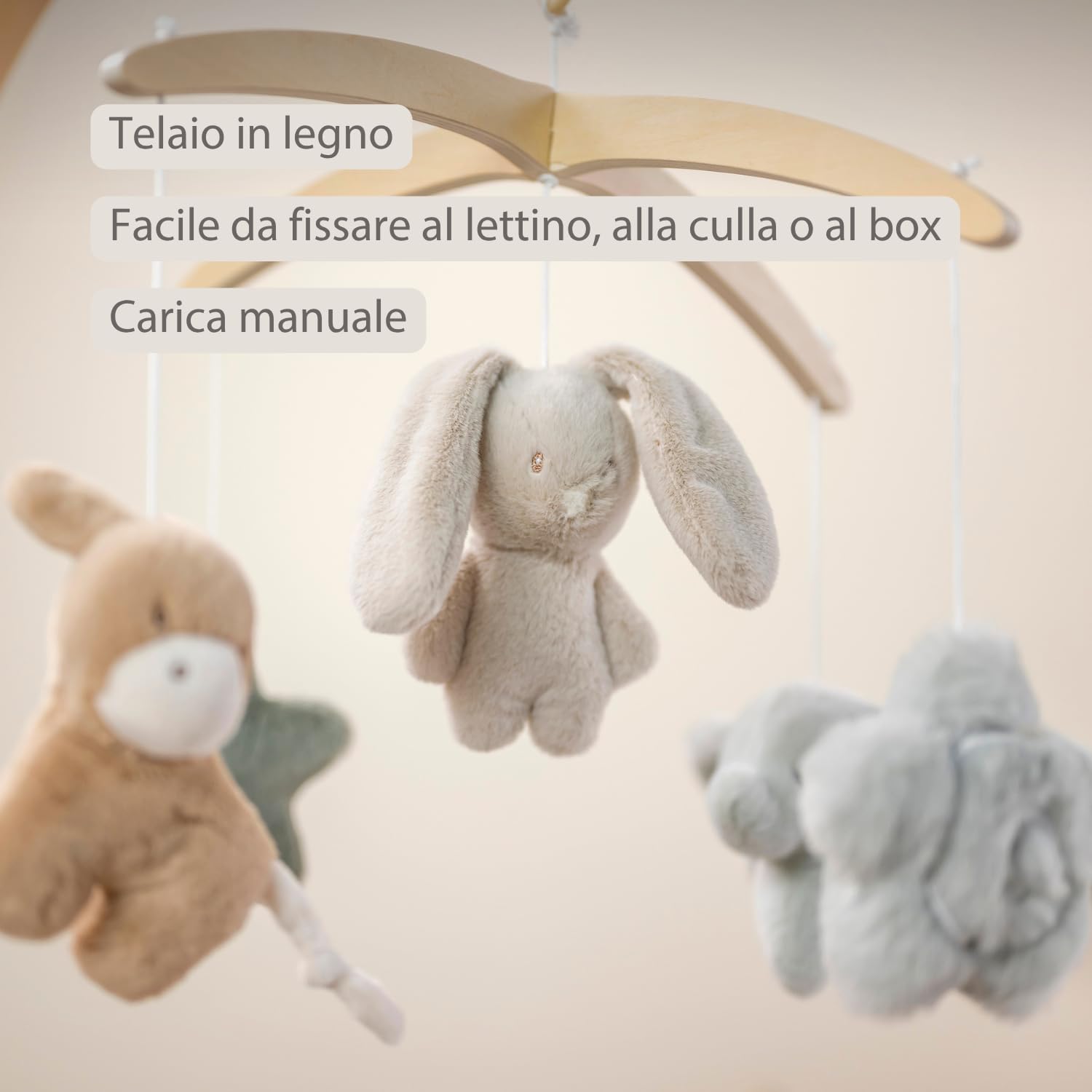 Nattou Loulou Giostrina Musicale in Legno per Bambini, Giostrina Culla Neonato, Regalo per Neonati, Regalo Nascita, 50 x 40 x 74 cm, Colori Delicati, Verde, Beige, Ecru
