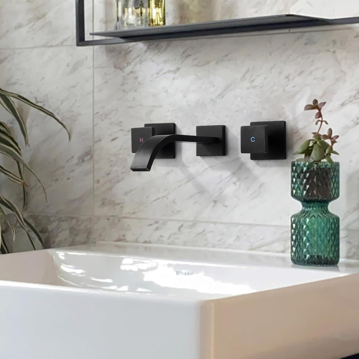 Wall-Mounted Bathroom Sink Faucet: ALEASHA Matte Black Waterfall Bathroom Faucet with Two Handles, Bathroom Sink Faucet Made with Solid Brass, Wall Mounted Washroom Faucets and Rough-in Valve