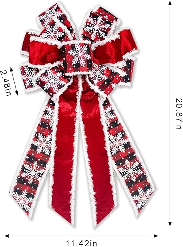 Vista 2 de Large Christmas Bow for Wreath, Red Black Buffalo Plaid Christmas Wreath Bows for Front Door, Red Velvet Decorative Wreaths Bow Snowflake Wreaths