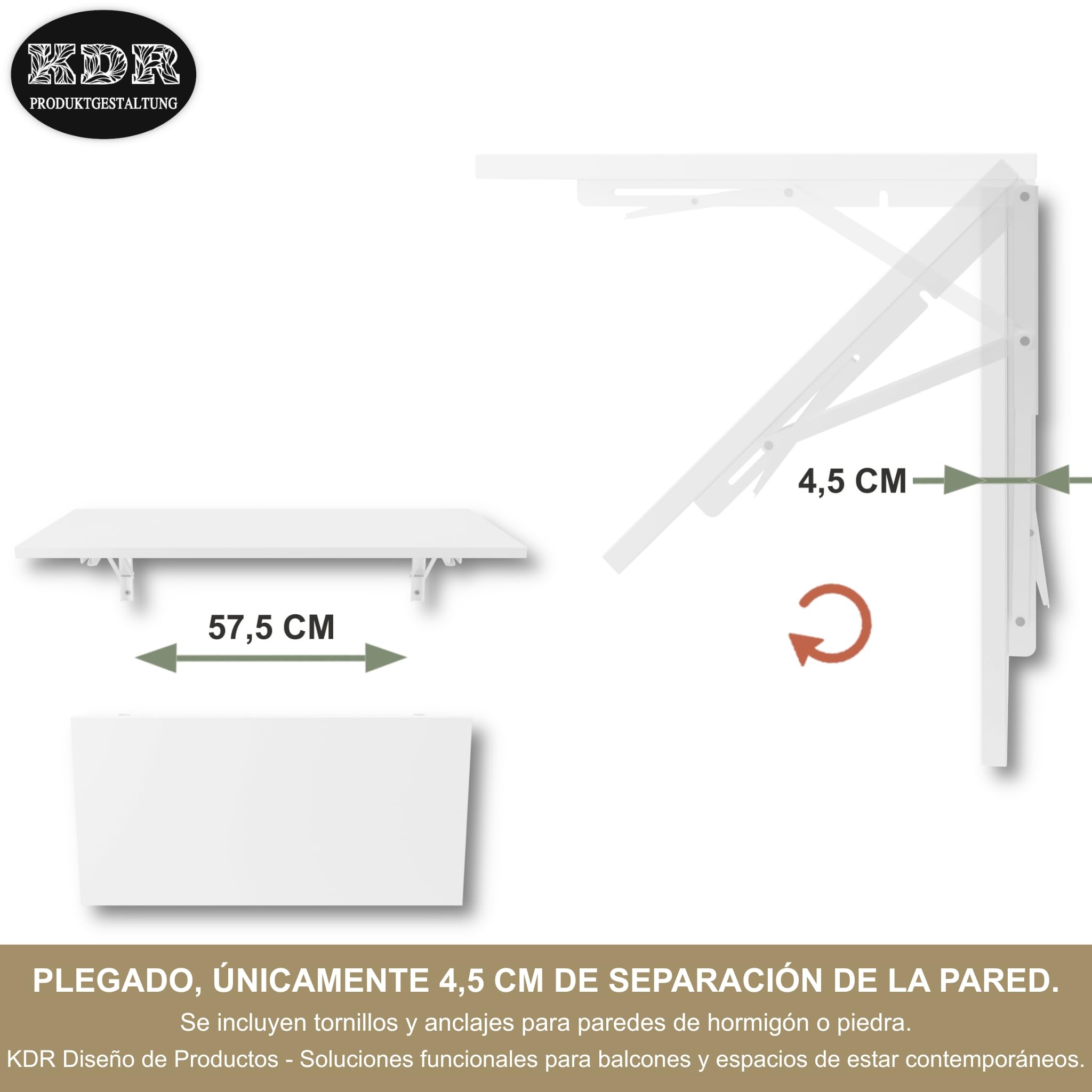 KDR Mesa Plegable de Pared 80 x 40 cm – Mesa abatible Multifuncional Ahorra Espacio, Escritorio Plegable o Mesa de Comedor para Cocina, Oficina o Estudio (Blanco)