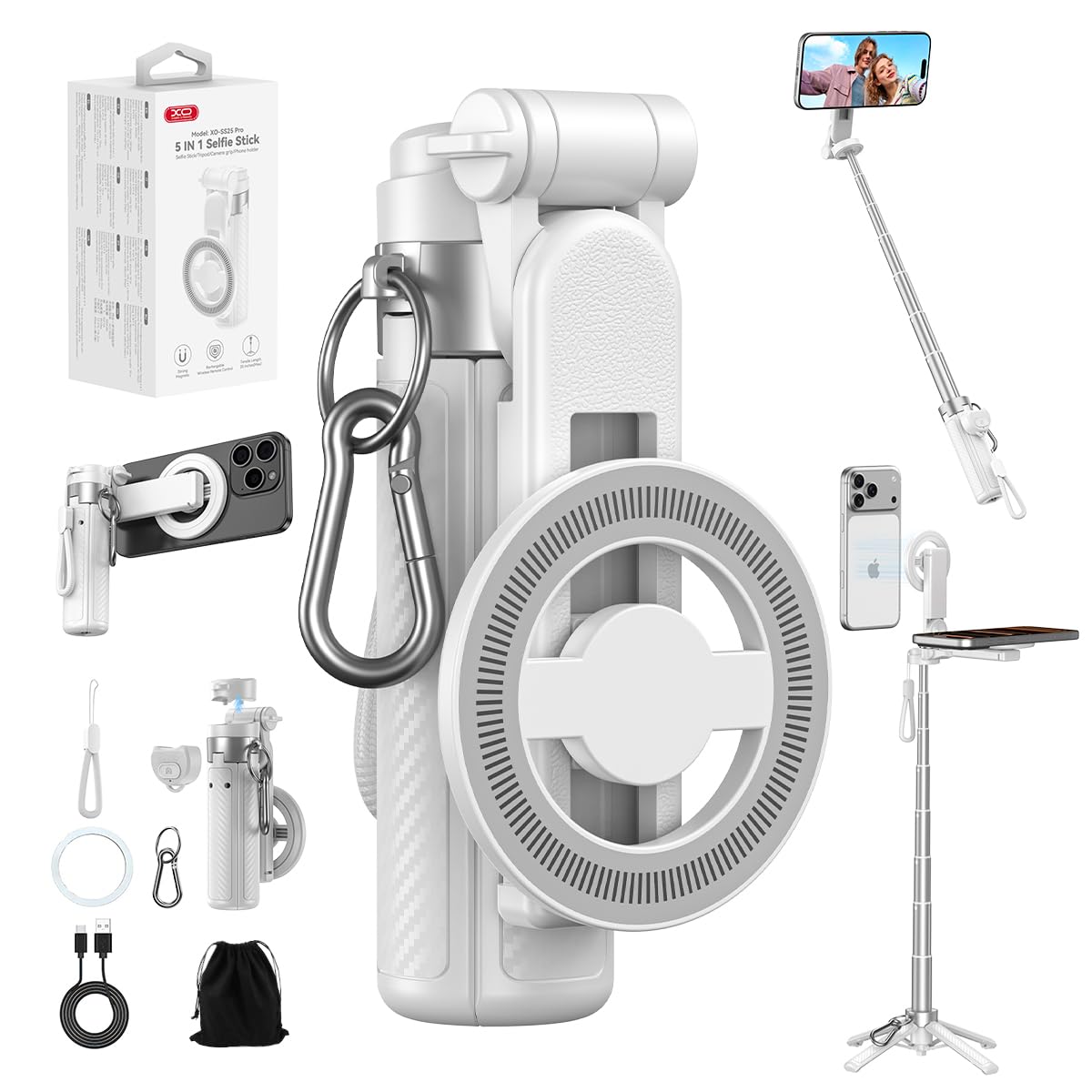 Upgrated 5-in-1 Magnetic Selfie Stick with Remote for Cell Phone 360° Rotation.Can Transforms into Mini Tripod/Camera Grip/Handheld Stabilizer/Phone Stand.Extend to 25 inches