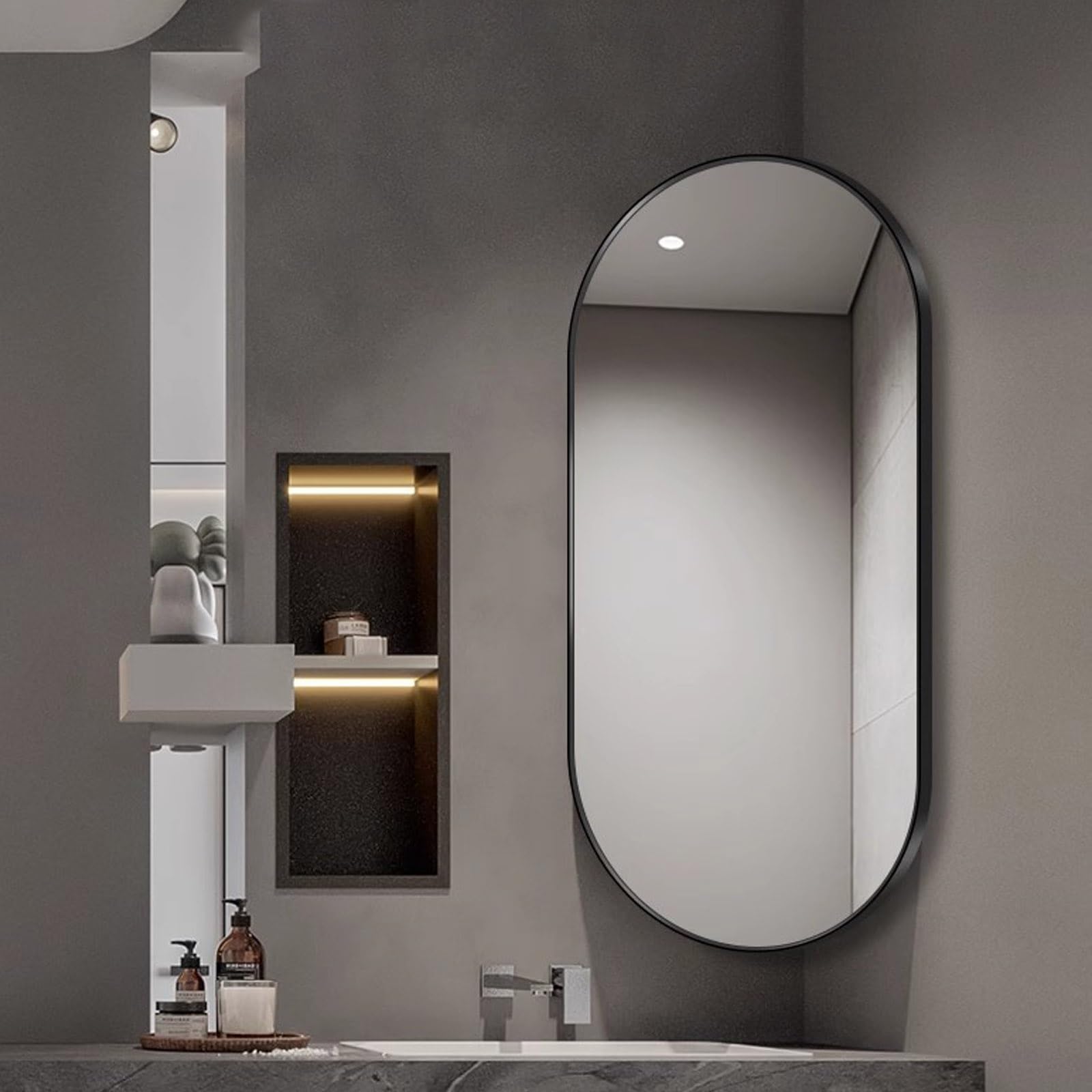 Miroir de salle de bain rotatif en métal noir 40x70 design suspendu haut de gamme