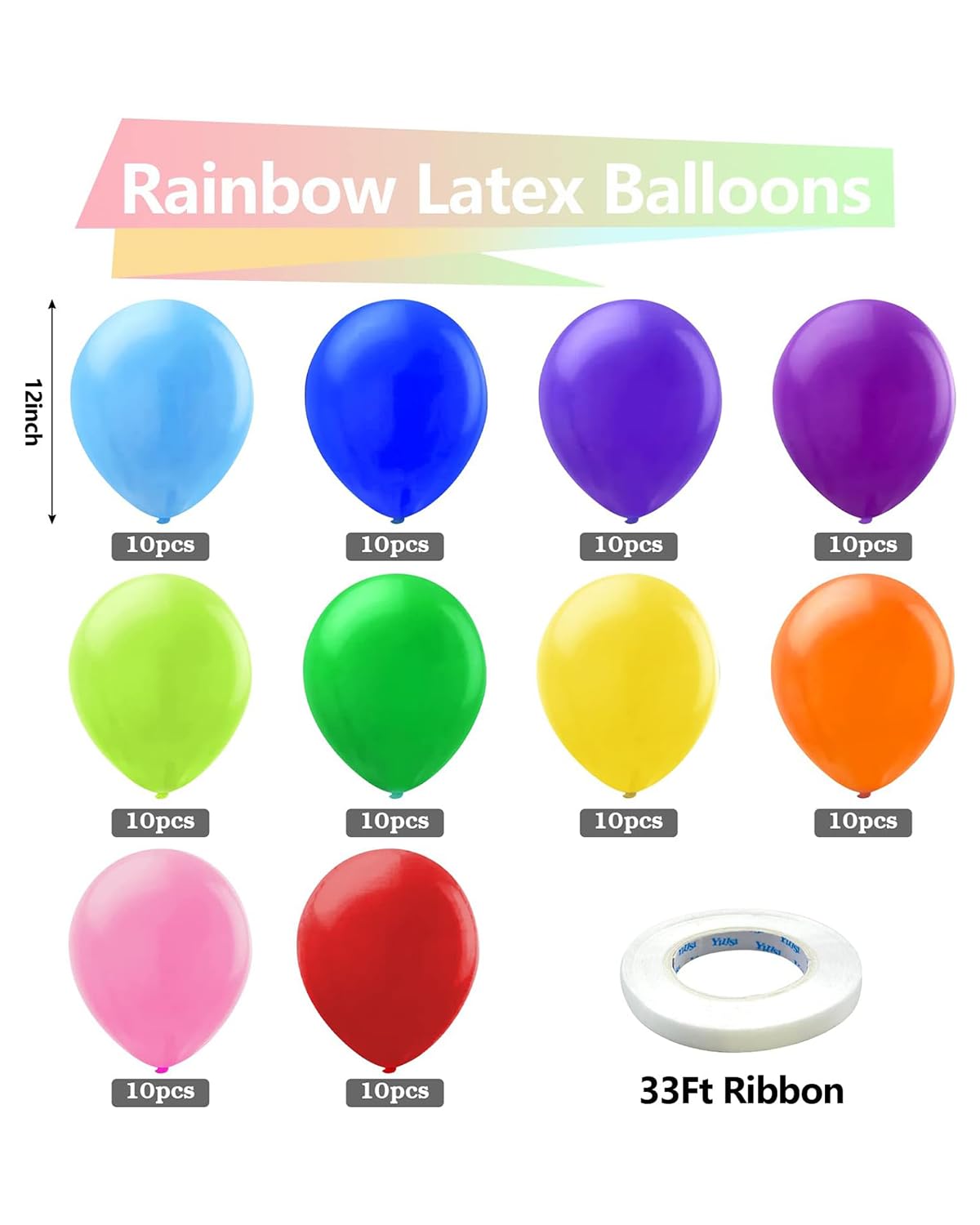 Kelfara Assorted Rainbow Party Balloons - 100 Pack 12 inch Multicolour Latex Balloons Helium Bright Color Balloon for Kids' Birthday Rainbow Party Decorations Baby Shower Wedding Graduation — view 2