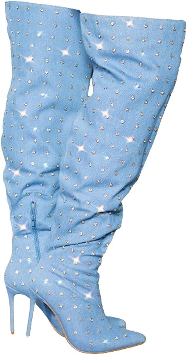 Liliana Women Rhinestone Stiletto Heel Over the Knee Thigh High Fashion Boots