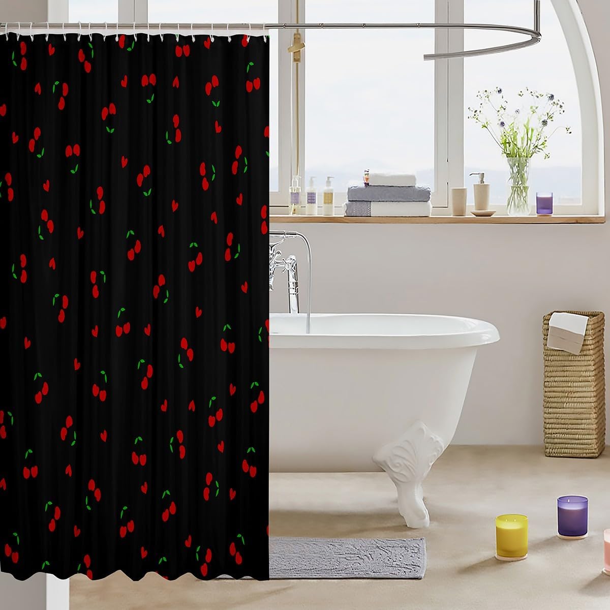 Feelyou Kids Cherry Shower Curtain Cherry Pattern Bath Curtain Cute Fruit Bathroom Shower Curtain Set Boys Girls Kawaii Cartoon Fruit Teens Bathroom Accessories Room Decor 72"x84"