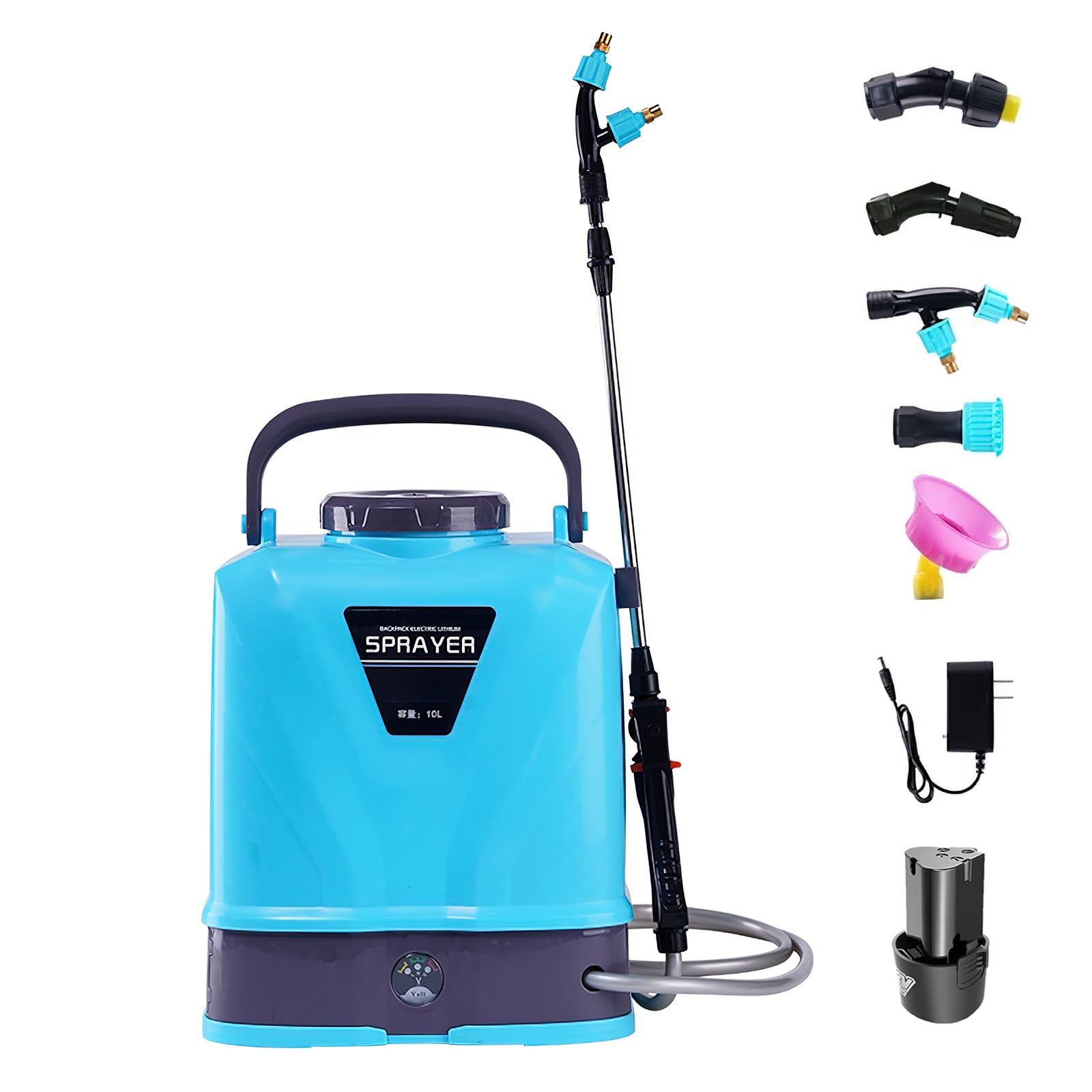 Spruzzatore a pressione da 10 litri, spruzzatore a batteria con 5 ugelli per nebbia, manico USB ricaricabile e lancia retrattile, spruzzatore a pressione per prato e giardino (batteria*1)