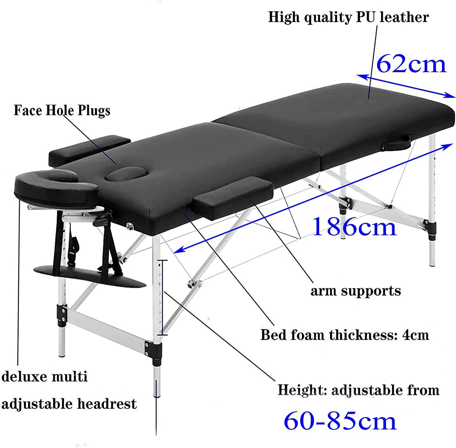 2-Zonen Massageliege — klappbar & höhenverstellbar — Mobile Alu Kosmetikliege mit Kopfschütze, Armlehnen & Tasche - 186 x 62 cm - Schwarz