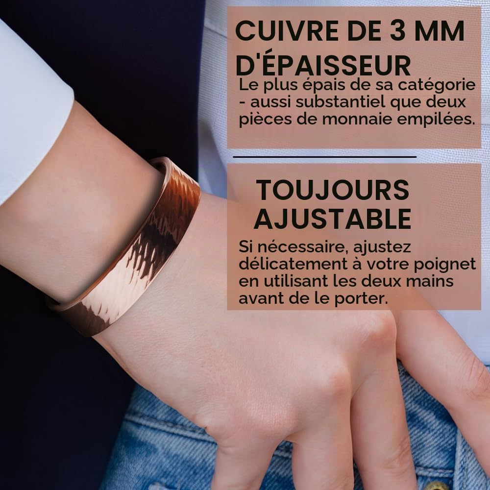 DEMMEX Bracelet en cuivre turc pur de 3 mm d'épaisseur, solide, sans revêtement, non magnétique, épaisseur de cuivre de 1/8", plus épais de son genre et une pièce accrocheuse, automne 2024, unisexe