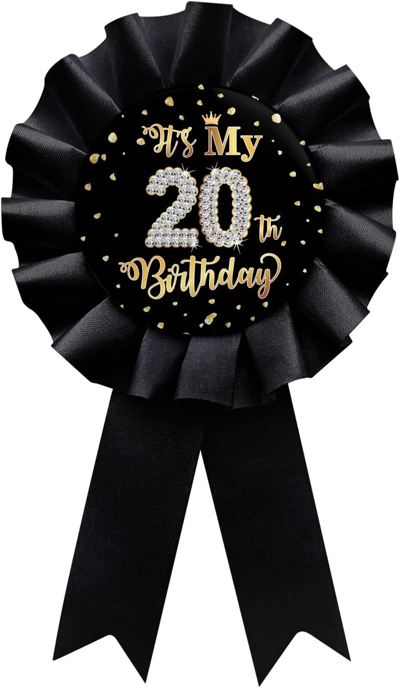 Black It's My 20th Birthday Tinplate Badge Pin, Happy 20th Birthday Boys and Girls Award Ribbon Party Decorations Sign