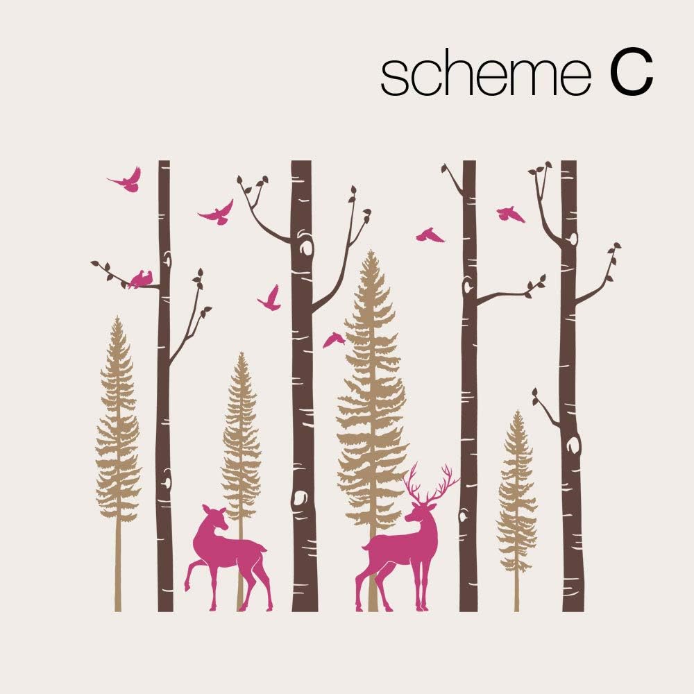 Simple Shapes Birch Tree Wall Decal with Birds and Deer W1121 - Scheme C - 120 (305 cm) Tall Trees