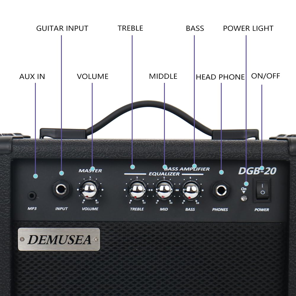 20W Watt Basso Elettrico Nero Amplificatore Portatile Viaggio Mini Practic Amp Jack per Cuffie Aux Treble Medio Basso Mp3 con Adattatore Cavo Picks per Chitarra in