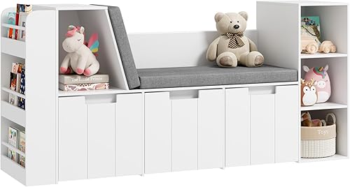 Miniatura 7 de Rincón de lectura para niños de 61.5 pulgadas con estantería de 3 capas, rincón de lectura para niños con banco doble y cajones rodantes, estantería