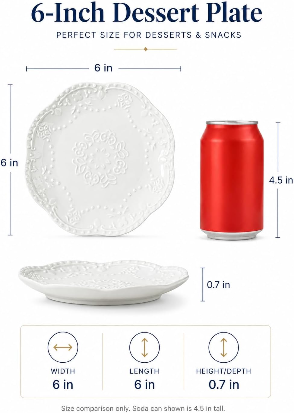 White Small Dessert Plates Set of 4,Ceramic Dinner Plates 6 Inch for Appetizer, Fruits, Cake, Salad,Microwave Safe,Christmas Gift