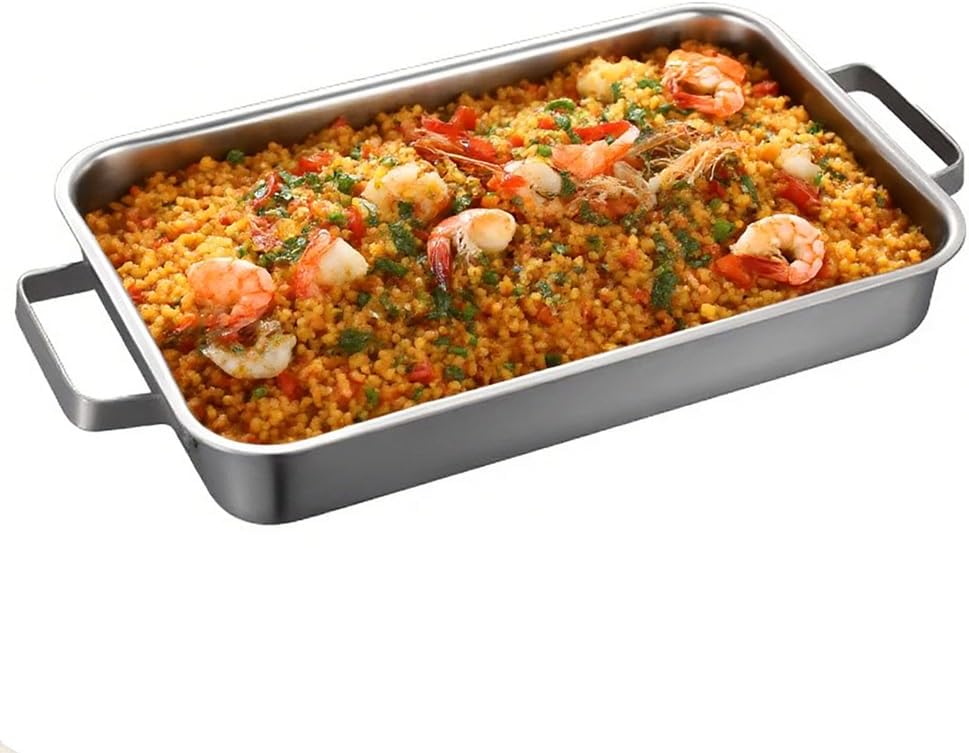 Rectangle Spanish Paella Pan, 14.9Inch Stainless Steel Paella Pan with Lid Non-Stick Food Plate Dinner Server Pan Seafood Pan for Outdoors,Camping,Parties,Without Cover