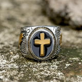 Retro Cross Stainless Steel Religious Ring – Engraved Design with Praying Hands and Biblical Snake Symbol – Durable and Stylish Christian Jewelry for Men