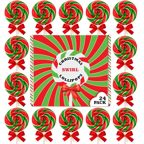 Christmas Lollipops with Red Bow - 24 Pack Individually Wrapped Christmas Candy Bulk – Stocking Stuffers for Kids – Xmas Party Favors, Classroom, Holiday Goodie Bag Fillers, Seasonal Treats, and Birthday Parties