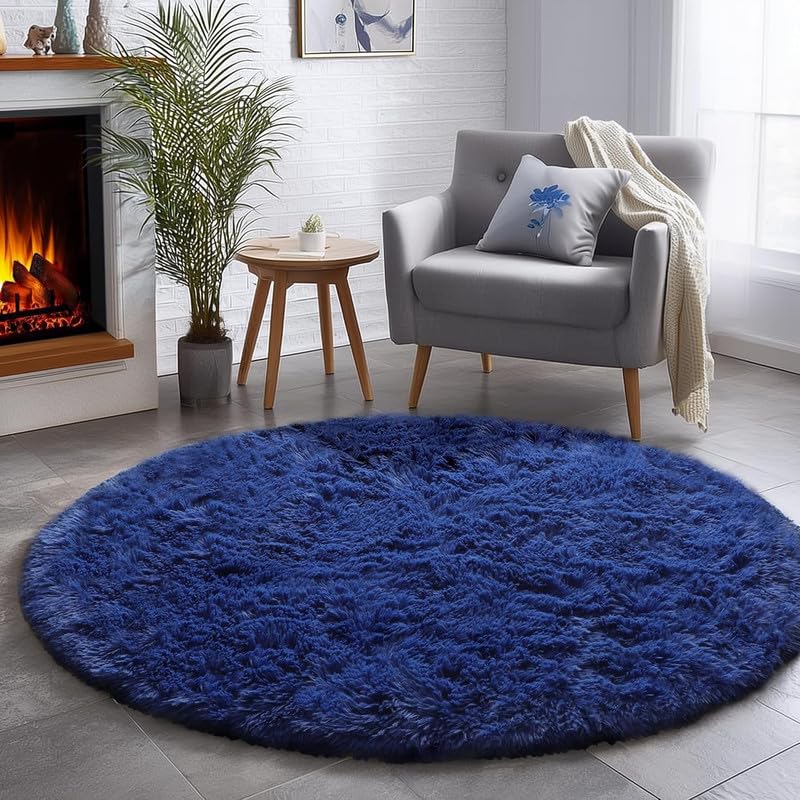 Image of Round Plain Fur Rugs Under Chair 4x4 Feet Royal Navy Blue