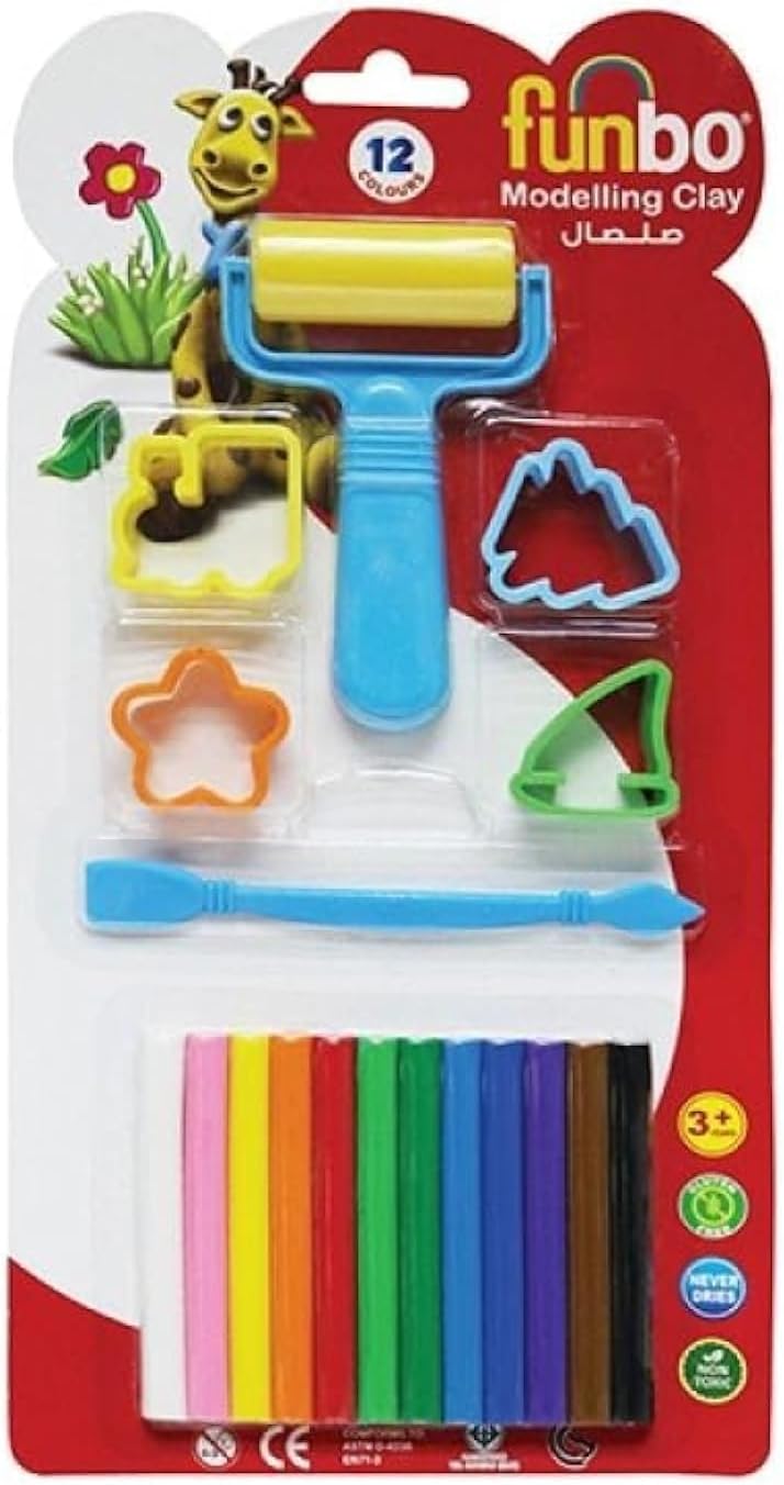 FunboModelling Clay 12 Colors Set with 4 Mould, 1 Roller and Tool, 100 g