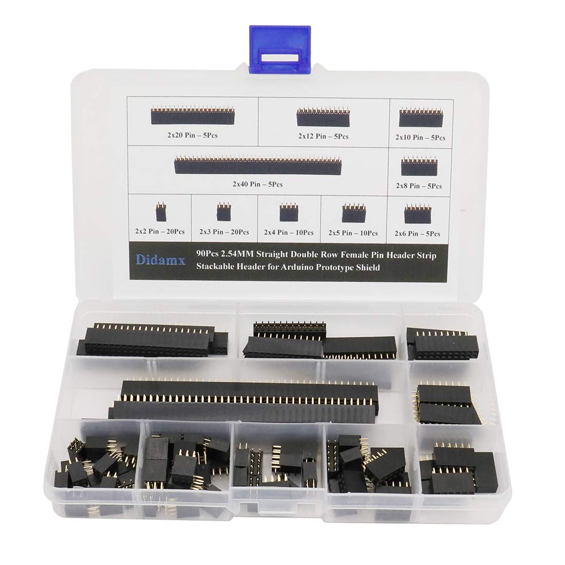 Didamx 90Pcs 2.54MM Double Row Female Pin Header Strip Stackable Header ...