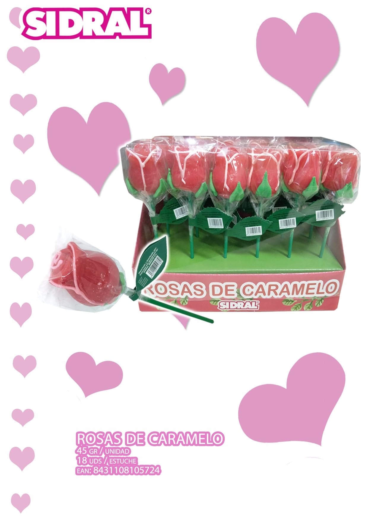 SIDRAL .18 Piruletas de Rosas de Caramelo duro Sabor Fresa (45 g) – Piruletas, Chuches San Valentín, Kit de Chuches Sin Gluten, Regalos y Celebraciones