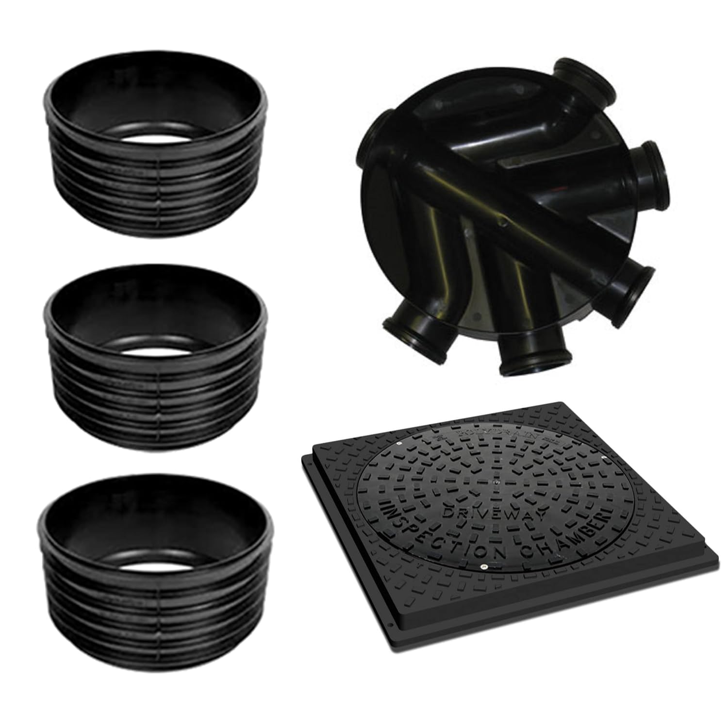 450mm Manhole Inspection Chamber Manhole - Underground Drainage Manhole Set Base, 3 Riser, Square Cover & Frame without Seal