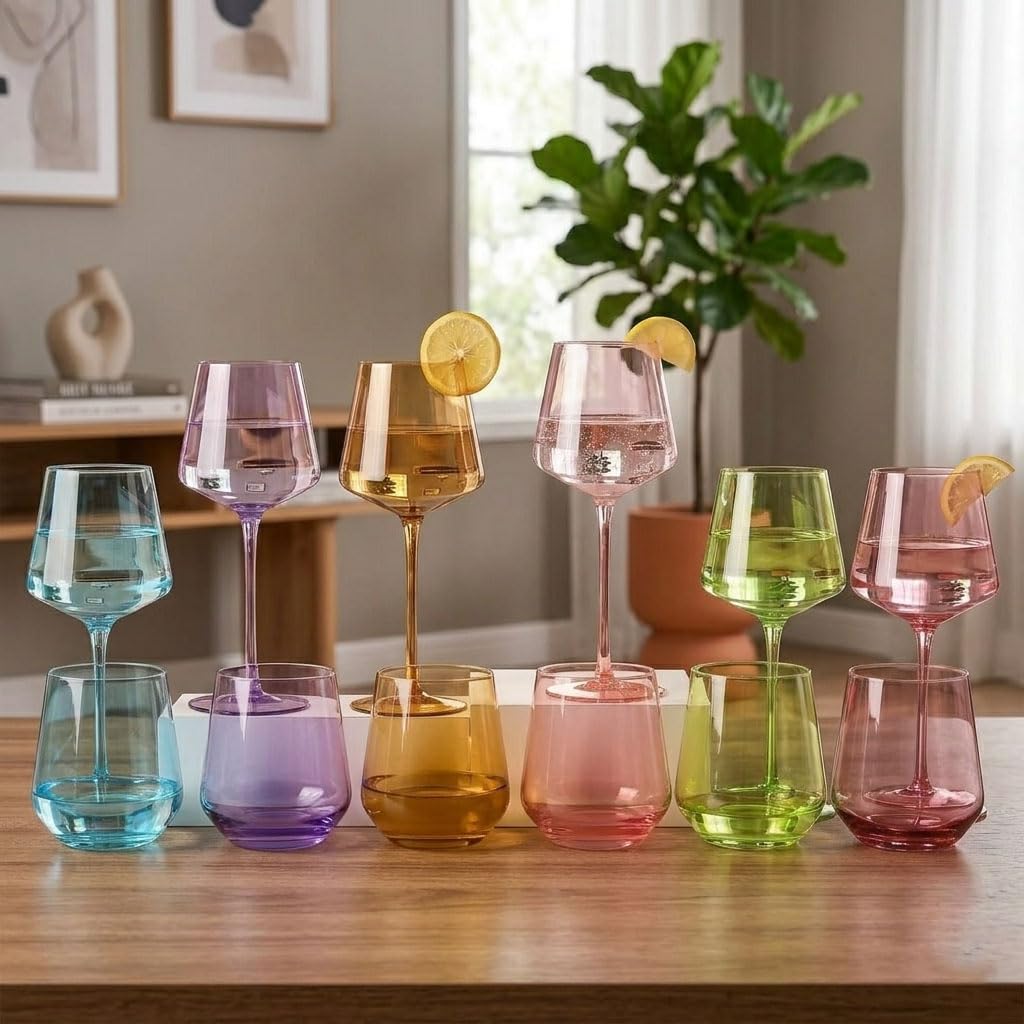 Physkoa Farbige Weingläser-Set mit 6 Stück, 530 ml, Regenbogen-Weingläser, Kristallglas, Wiederverwendbar, Zuhause, Alle Gelegenheiten