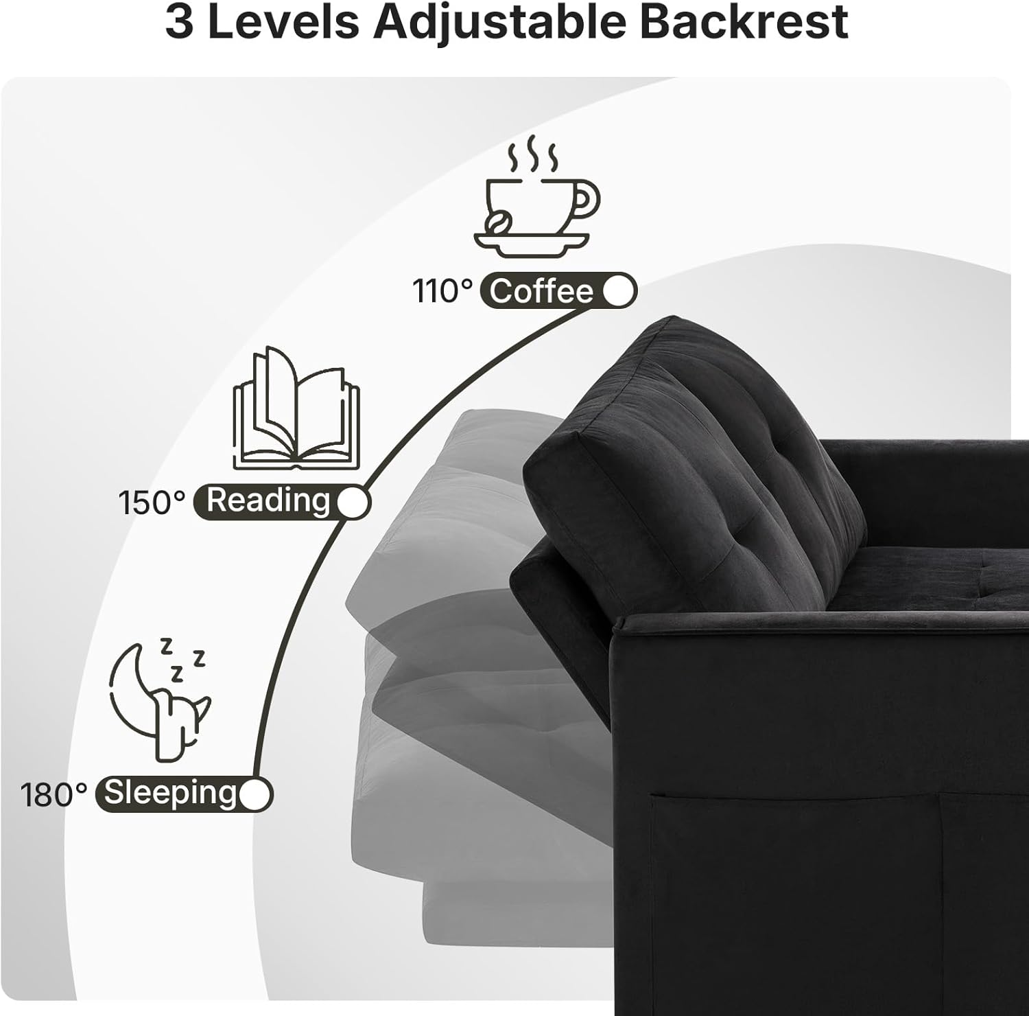 Rovibek 3-in-1 Velvet Sleeper Sofa Bed, Convertible Pull Out Couch for Living Room with Adjustable Backrest, Side Pockets, Velvet Fabric Loveseat Sofa for Apartment, Black