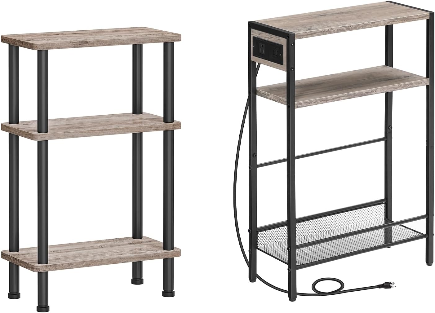 Two assembled HOOBRO narrow side tables, one with a charging station and one standard, showcasing their design.