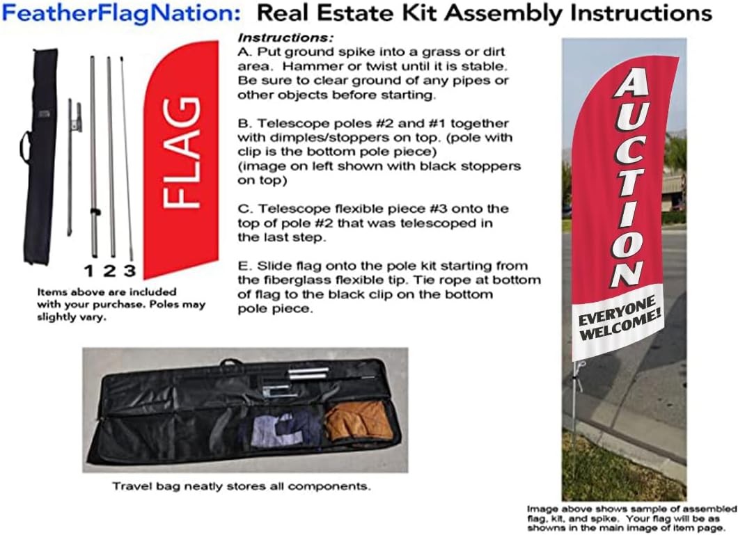 Real Estate Auction Feather Banner Flag Sign with Flag Pole Kit, Ground Stake, and Travel Bag