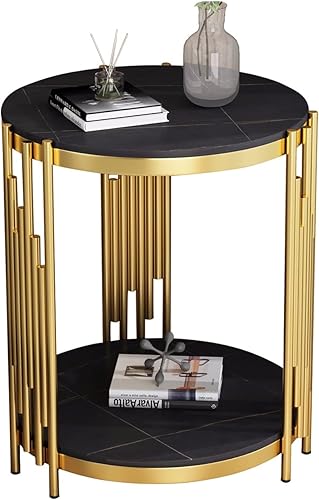 Miniatura 8 de Mesa auxiliar redonda moderna con parte superior de mármol sintético y marco de metal, mesa auxiliar de 2 niveles para sala de estar, dormitorio,