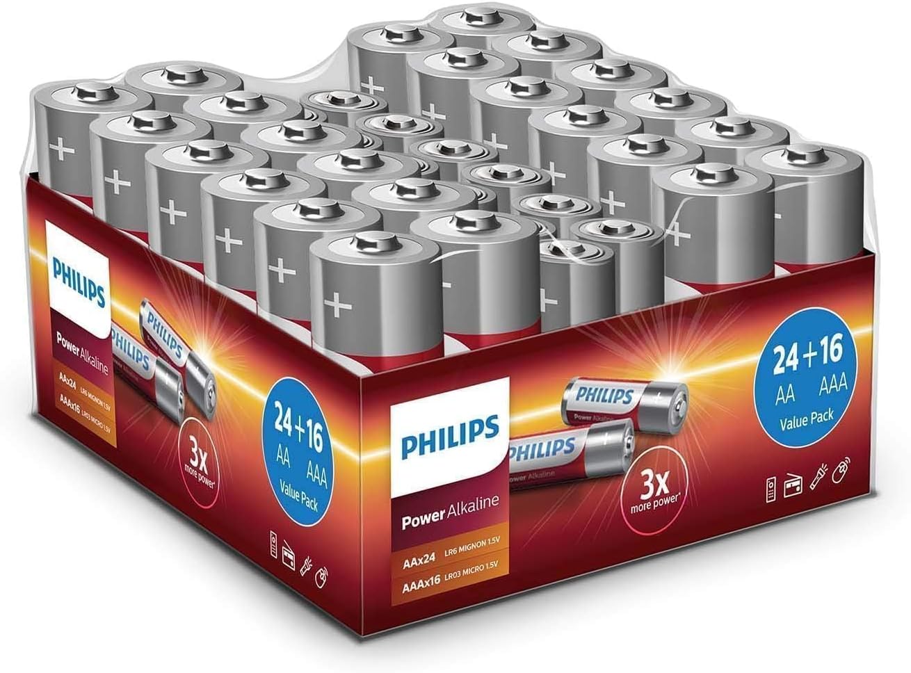 Value Pack Batteries 40 Pieces - 24 x AA Batteries and 16 x AAA Batteries - Power Alkaline Battery with Long Life - for Remote Control, Radio and More