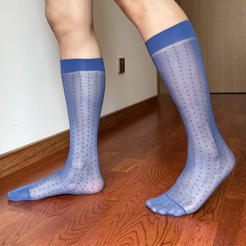 Super Thin Transparent Men's Sheer Socks Dot Patterned Long Tube Stockings for Formal Event with Breathable Nylon