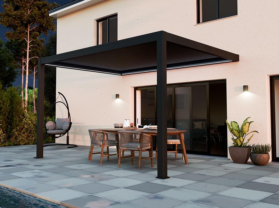 Direct ABRIS Pergola Bioclimatique Adossée Motorisée 12m² 3x4m Gris Anthracite Stellar - Eclairage Intégré