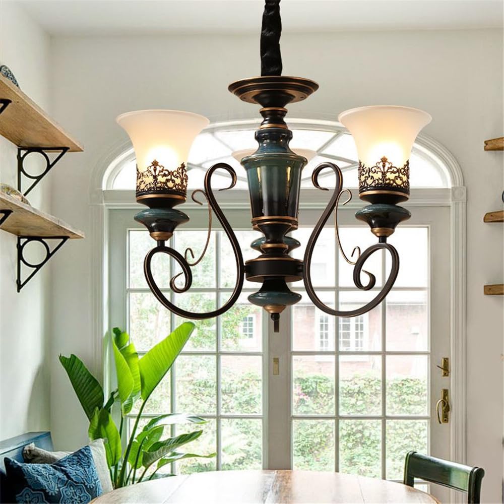 SXECAEPS European Luxury Living Room Chandelier American Retro Ceramic Restaurant Bedroom Study Hotel Villa Cafe LED Pendent Lamp (T 3 hts)