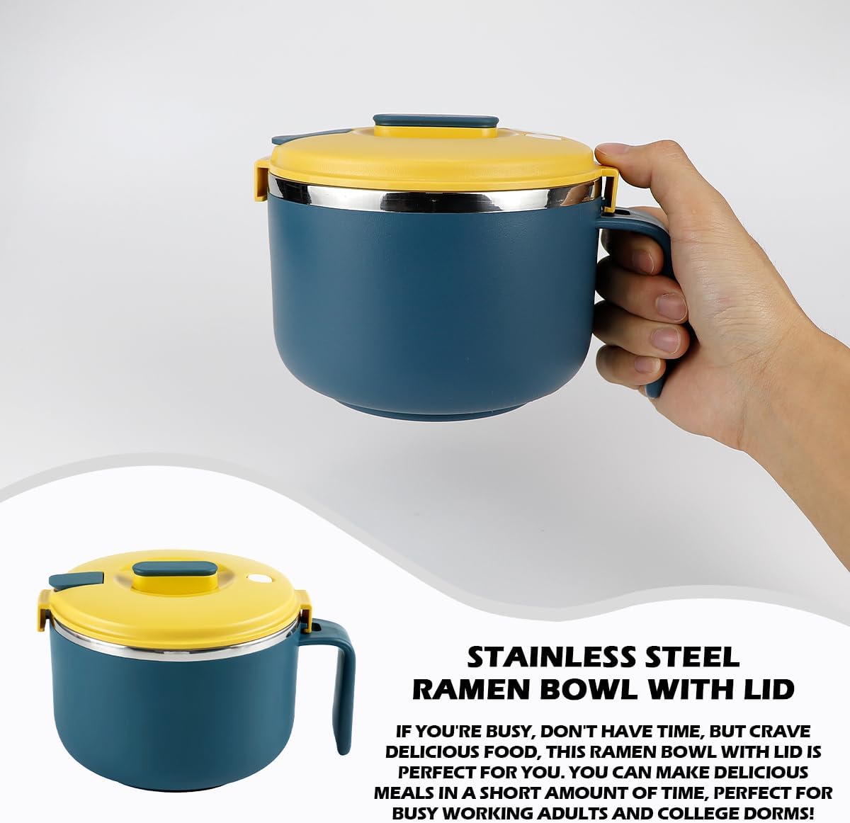 DOERDO 304 Stainless Steel Ramen Bowl with Lid Ramen Cooker Noodle or Soup Bowl Bento Pot for Home Office, 900ml