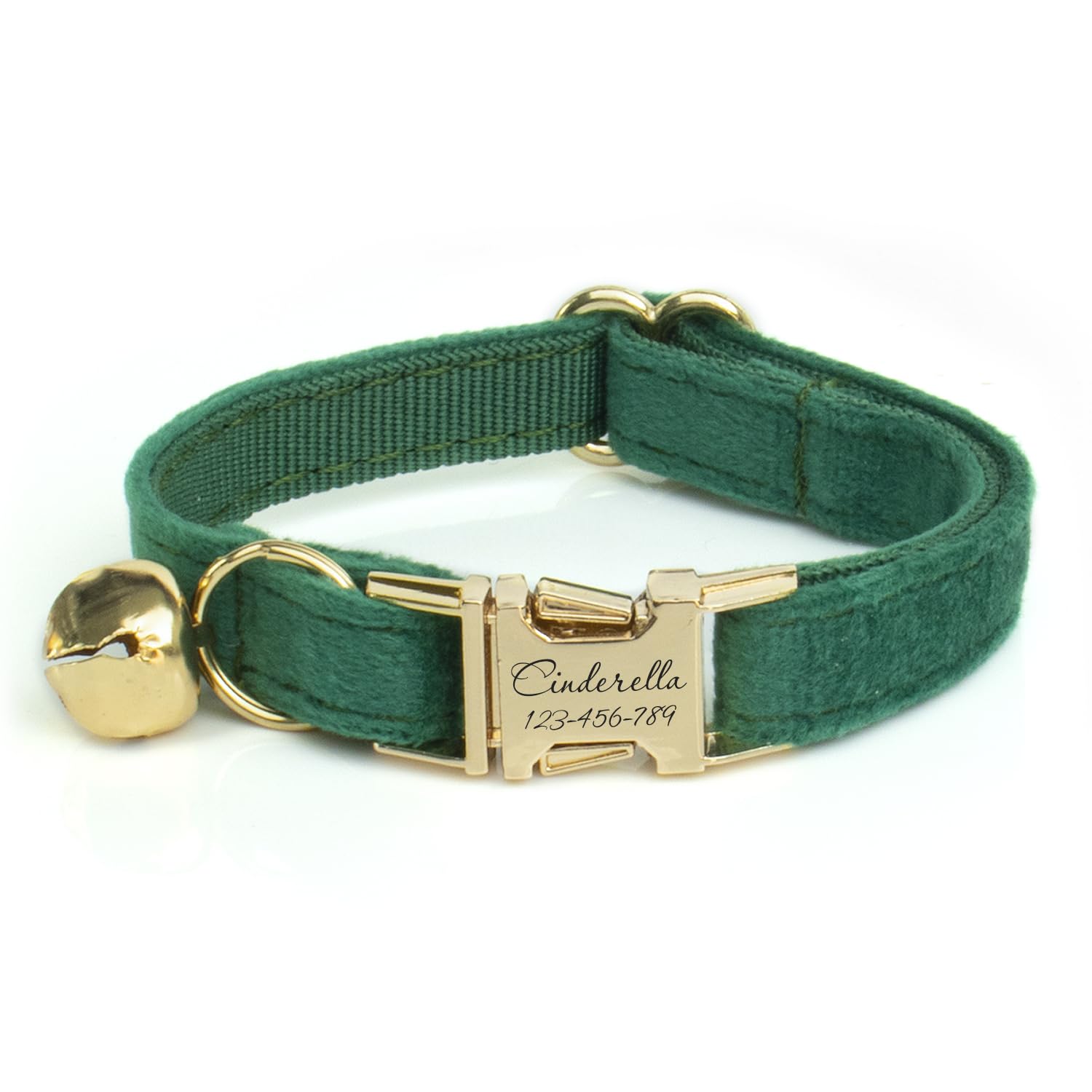 Customized Soft Artificial Velvet Cat Collar, Personalized Cat Tag, Laser Engraved Metal Button Cat Collar, Neck Circumference 0.6-1.2 inches (Christmas Green)