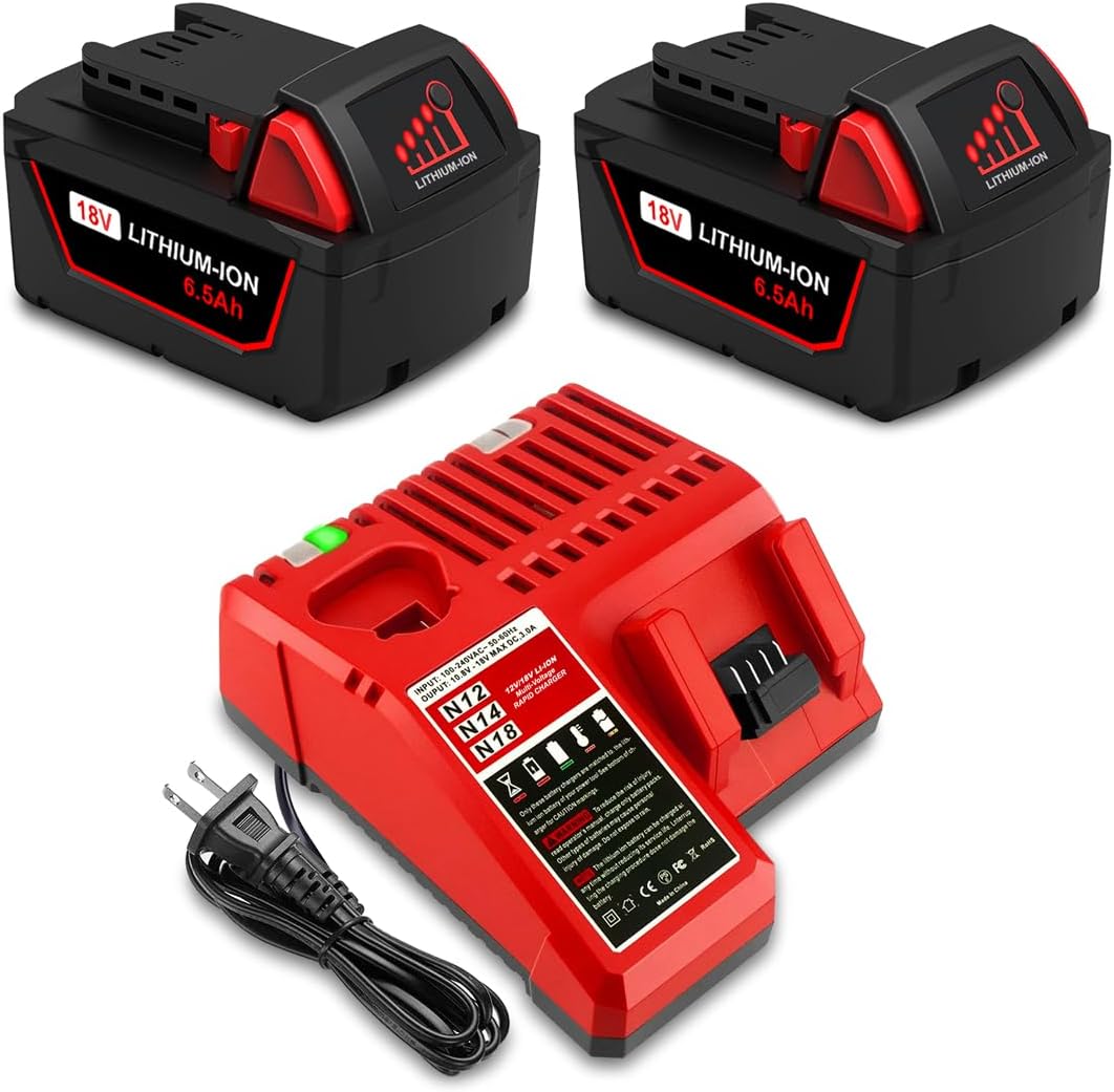 Lizone 2 Pack 6.5Ah 18V 48-11-1850 Battery and Charger Combo Kit Replacement for Milwaukee 18V Battery and Charger XC 6.0Ah 48-11-1865 5Ah 48-11-1852 4Ah 48-11-1840 18V Battery with Charger 48-59-1812