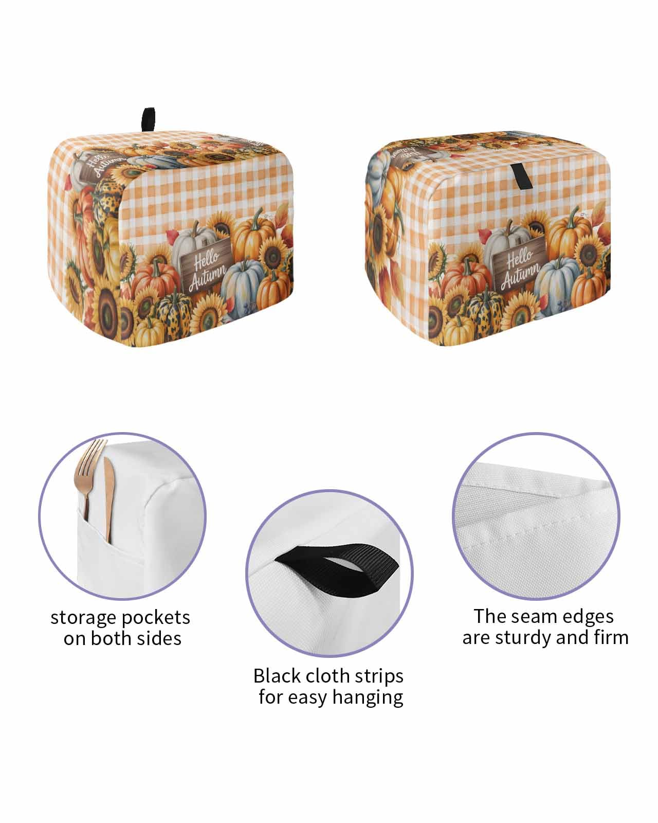 Fall Toaster Cover 4 Slice, Pumpkins Leaves Orange Checked Plaid Bread Maker Dust Cover with Pockets for Kitchen Small Appliance 12x11x8in