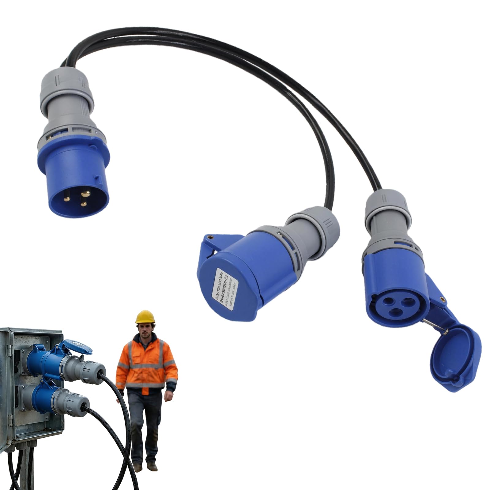 PRITOK 16A Plug to 2 x 16A Sockets: Three-Core IP44 Industrial Connector Splitter Cable, 3P Caravan Adapter, 2-Way Hookup Converter for Camping and Motorhome (Blue, 50CM)